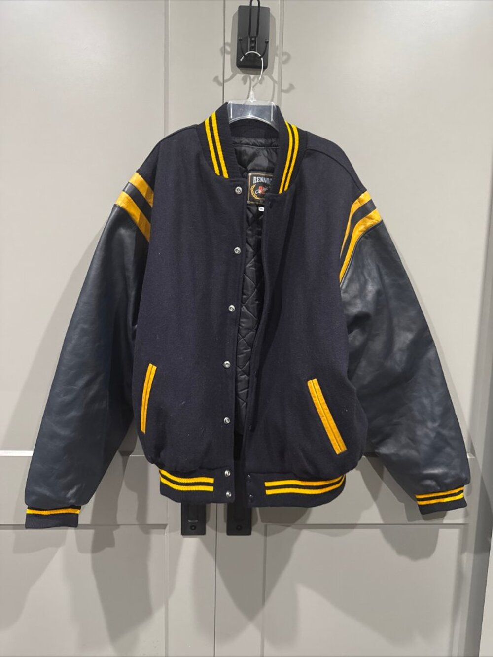 Rennoc Classic Mens Black Leather Wool Varsity Jacket Yellow Stripe Size 2XLT
